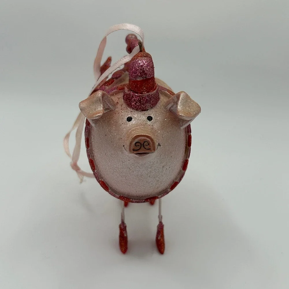 Whimsical Pink Pig Christmas Ornament Dangle Wire Legs Boots Hat Scarf Glitter